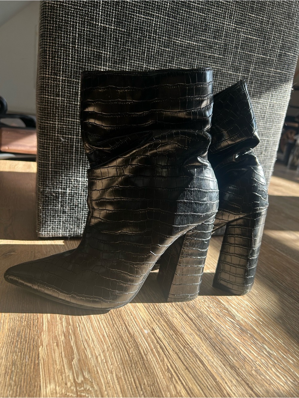 Black Croc-Embossed Pointed Toe Block Heel Ankle Boots